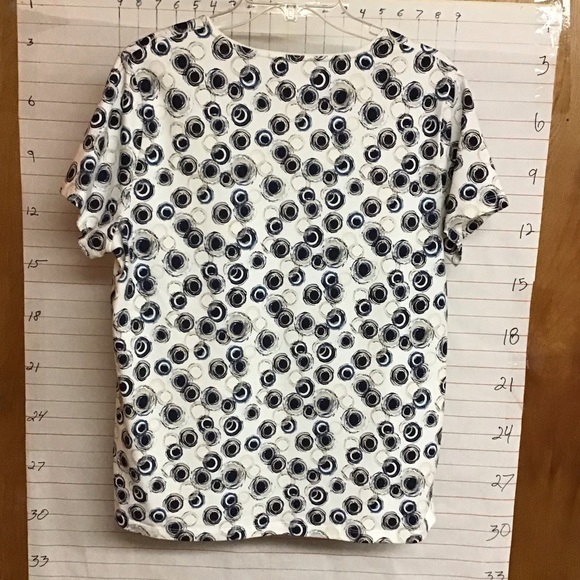 KIM ROGERS women’s crew neck short sleeve top sz L  circle print, blue and whit3 - Picture 2 of 5